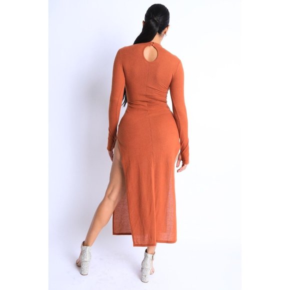 Women's Hacci Mock Neck Long Sleeves Double Slits Maxi Dress Rust S M L - Picture 3 of 7